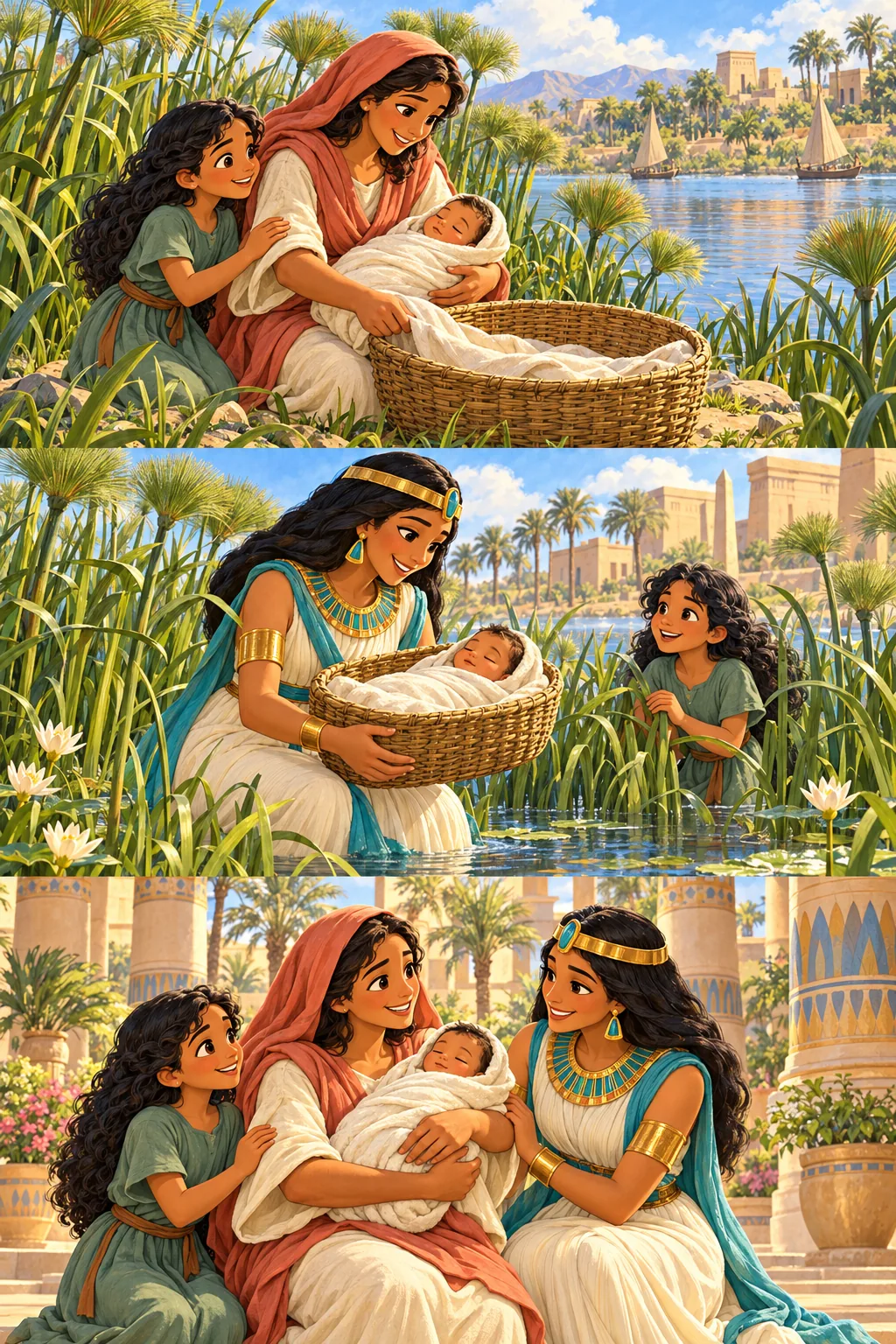 Moses is held lovingly by his mother, with Miriam and the princess beside them.