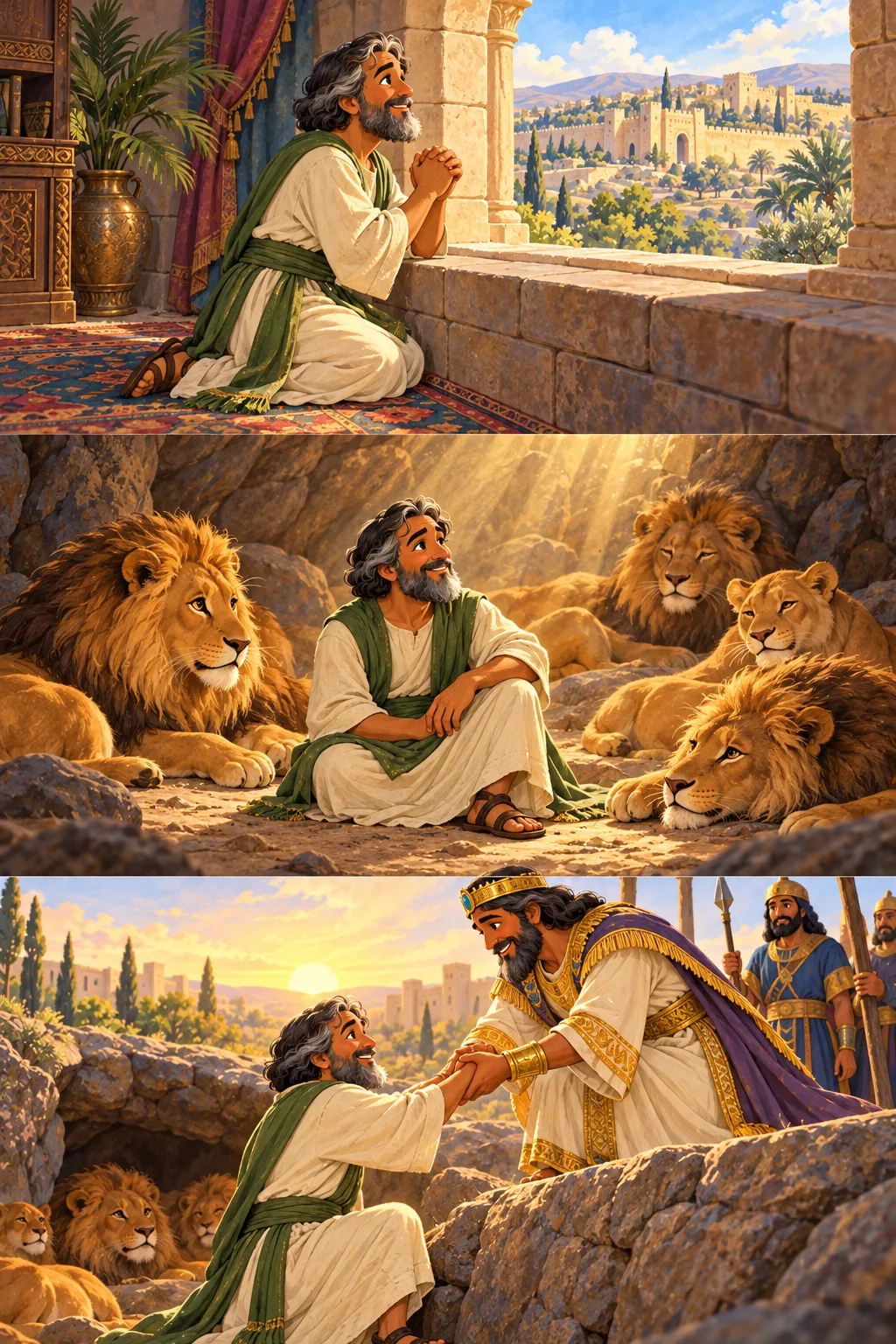 Daniel is helped from the den at dawn while the king welcomes him.