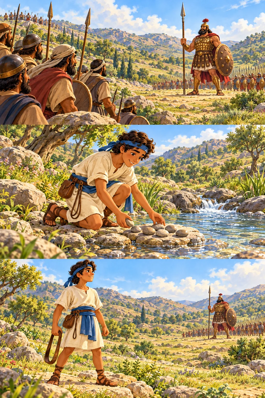 David stands with quiet courage in the valley, with Goliath far behind.
