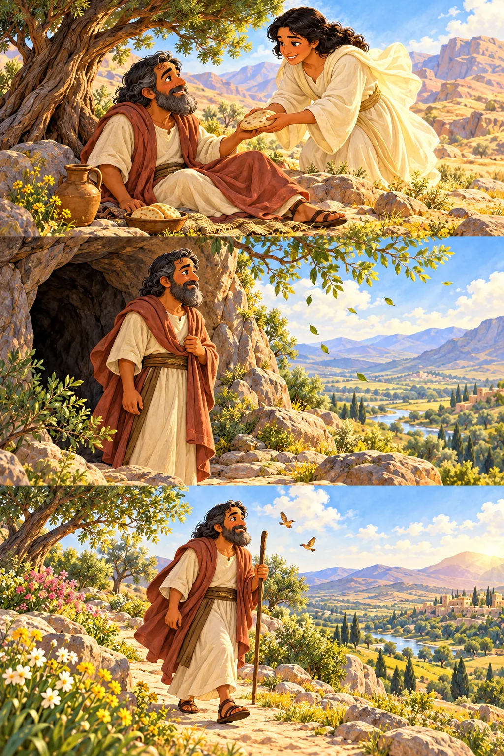 Elijah walks into a sunlit valley, rested and hopeful.