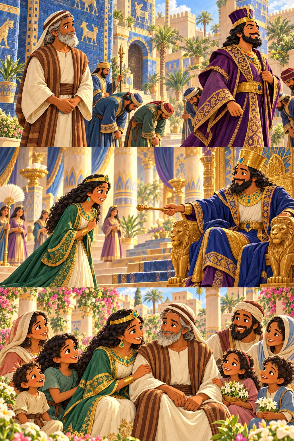 Esther and Mordecai celebrate with families in a palace courtyard.
