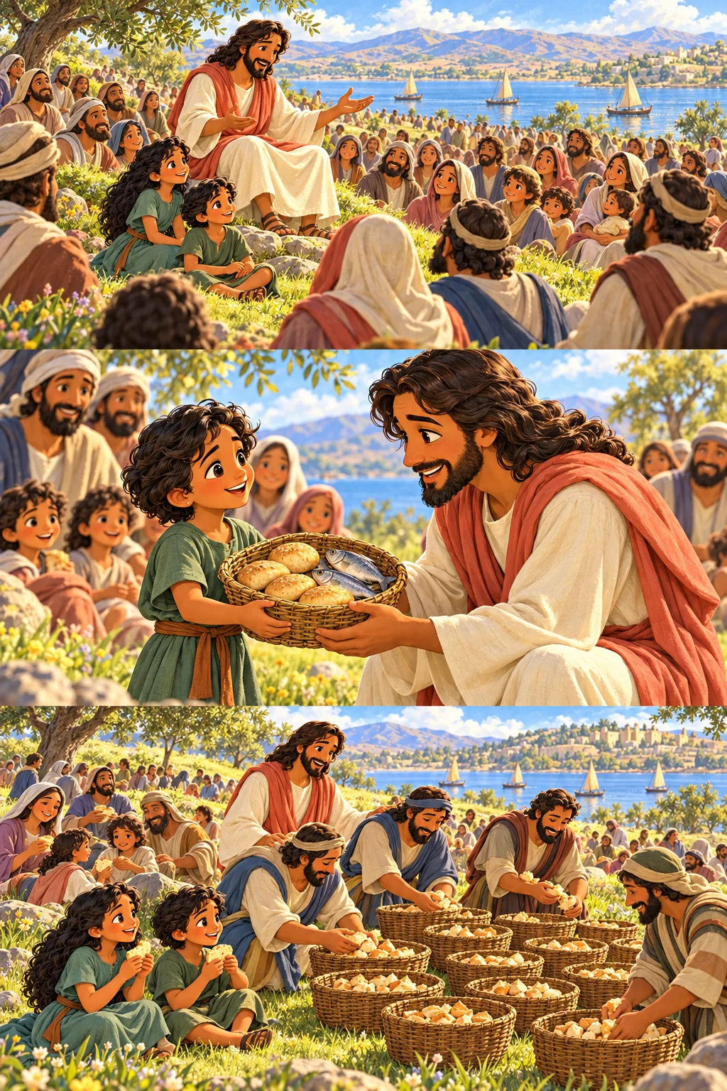 Disciples gather baskets of bread after the crowd has eaten.