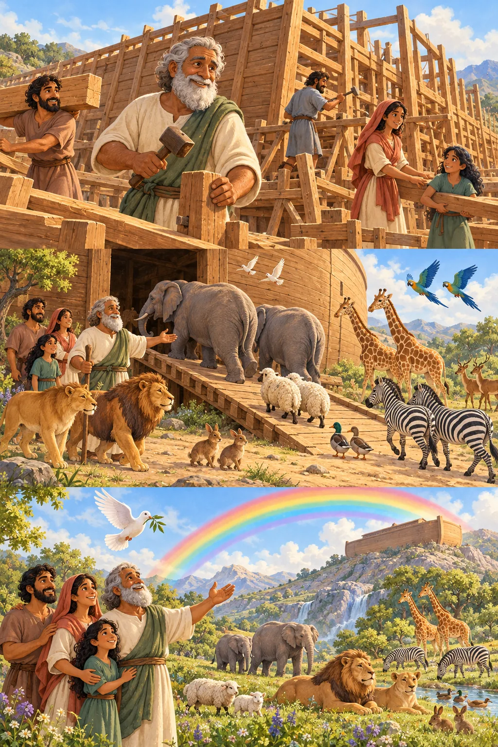 Noah and his family look up at the sky over a fresh green meadow.