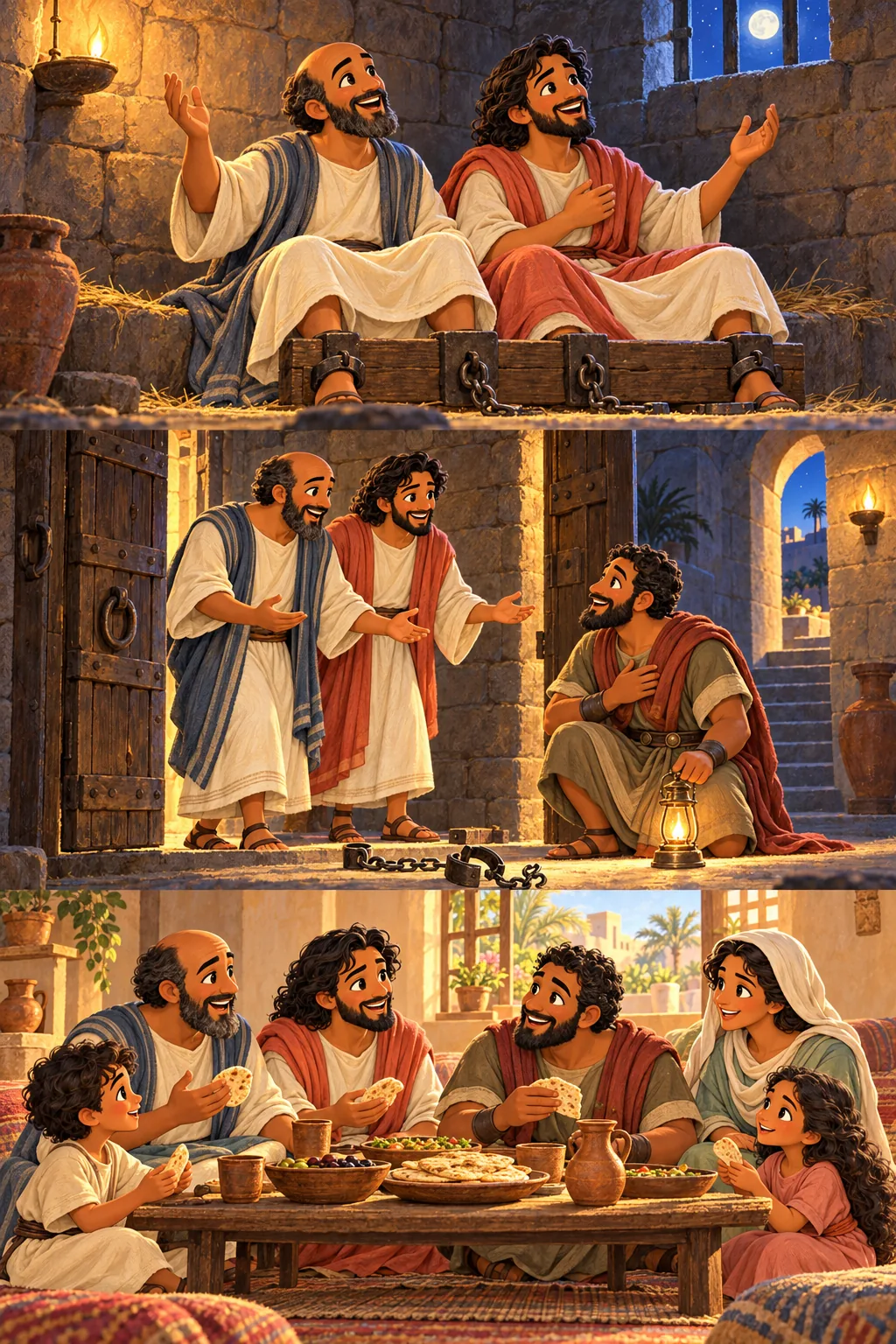 The jailer’s family shares a joyful meal with Paul and Silas.