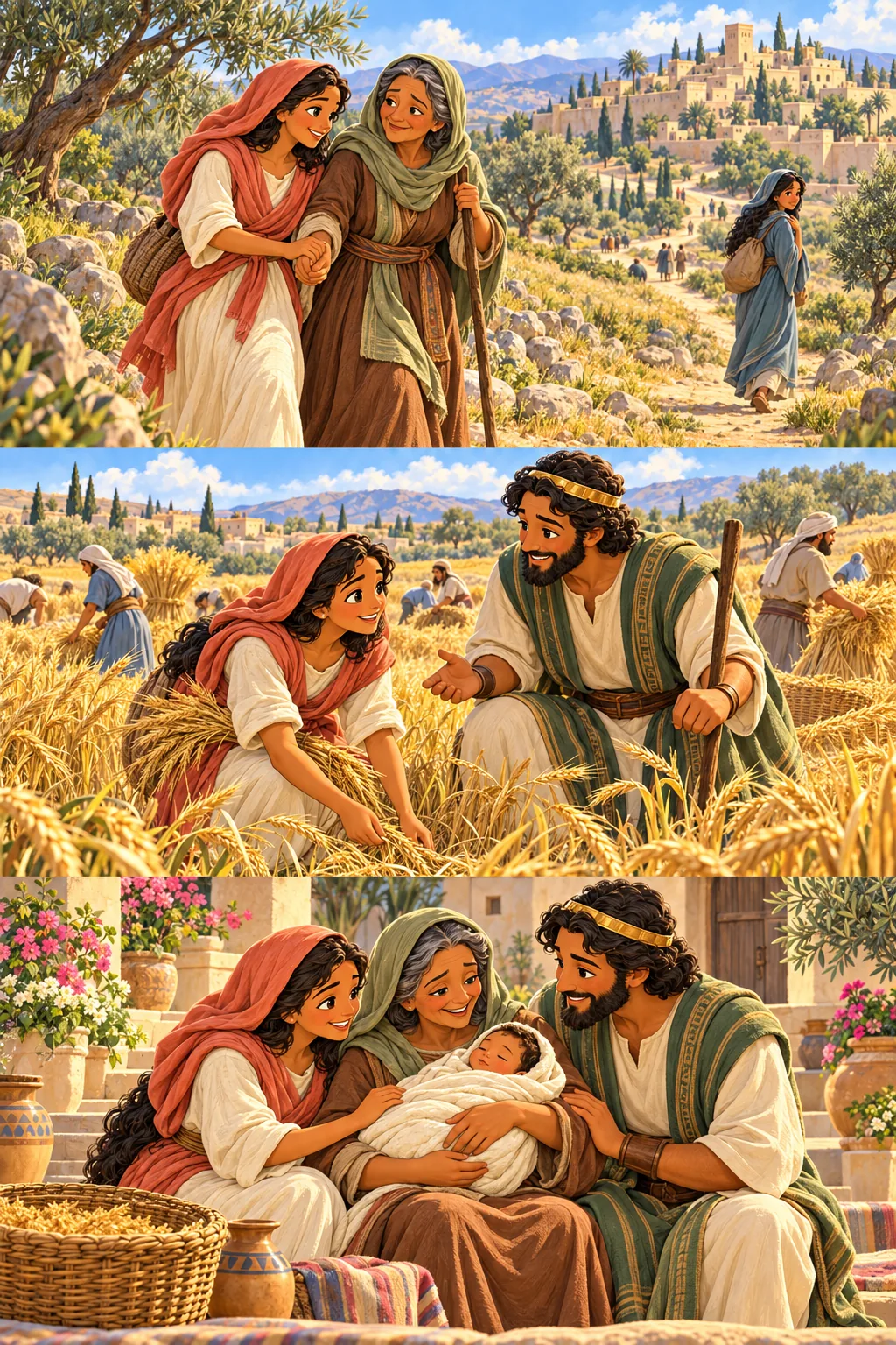 Naomi holds baby Obed while Ruth and Boaz smile beside her.