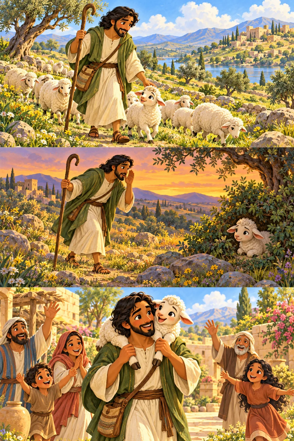 The shepherd carries the lamb home safely on his shoulders.